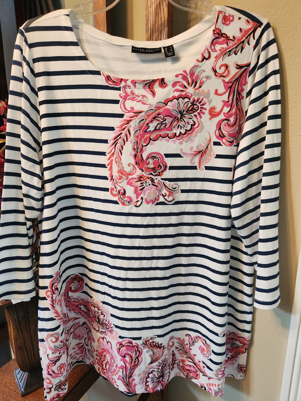 Susan Graver WeekendsNavy Stripe & Pink Paisley Women's Boatneck Top